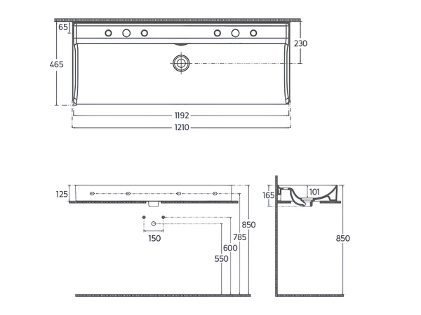 VEA countertop Washbasin , 121 cm , 2 HOLES