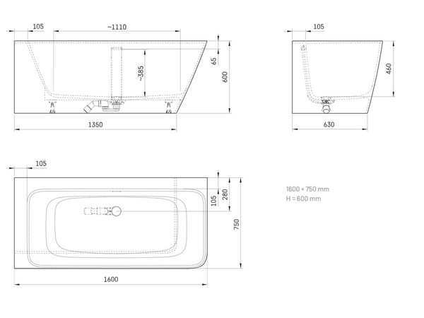 QUADRO WALL corner D 1600*750 Bathtub Silkstone Matte White